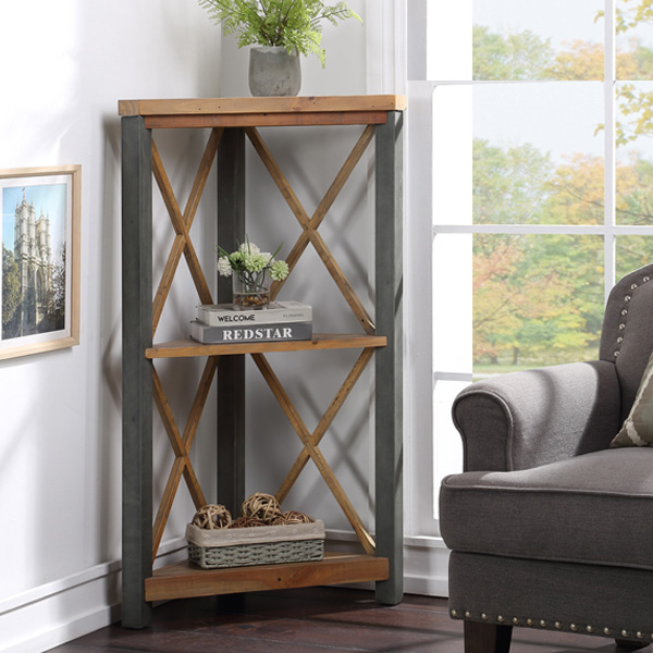 Doyle Elegance Steel Frame Small Corner Bookcase with 2 Shelves - Natural Wood - Vantage Point