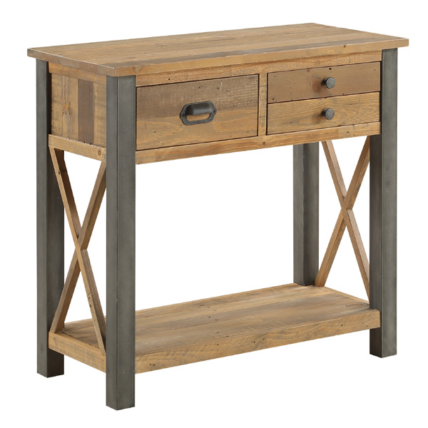 Doyle Elegance Rustic 3 Drawer Console Table with Open Shelf - Natural Wood - Vantage Point