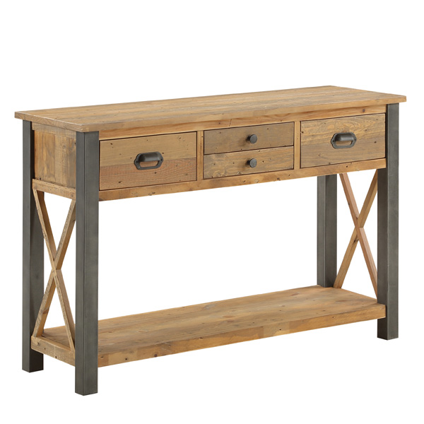 Doyle Elegance Rustic 4 Drawer Console Table with Open Shelf - Natural Wood - Vantage Point