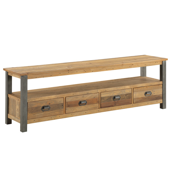 Doyle Rustic TV Cabinet with Long Open Shelf and Four Drawers - Vantage Point