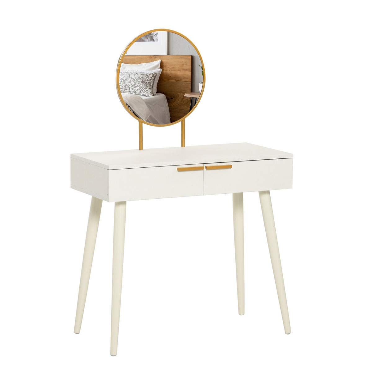 2 Drawers Modern Dressing Table Makeup Vanity Desk with Round Mirror - White - Bedroom & More