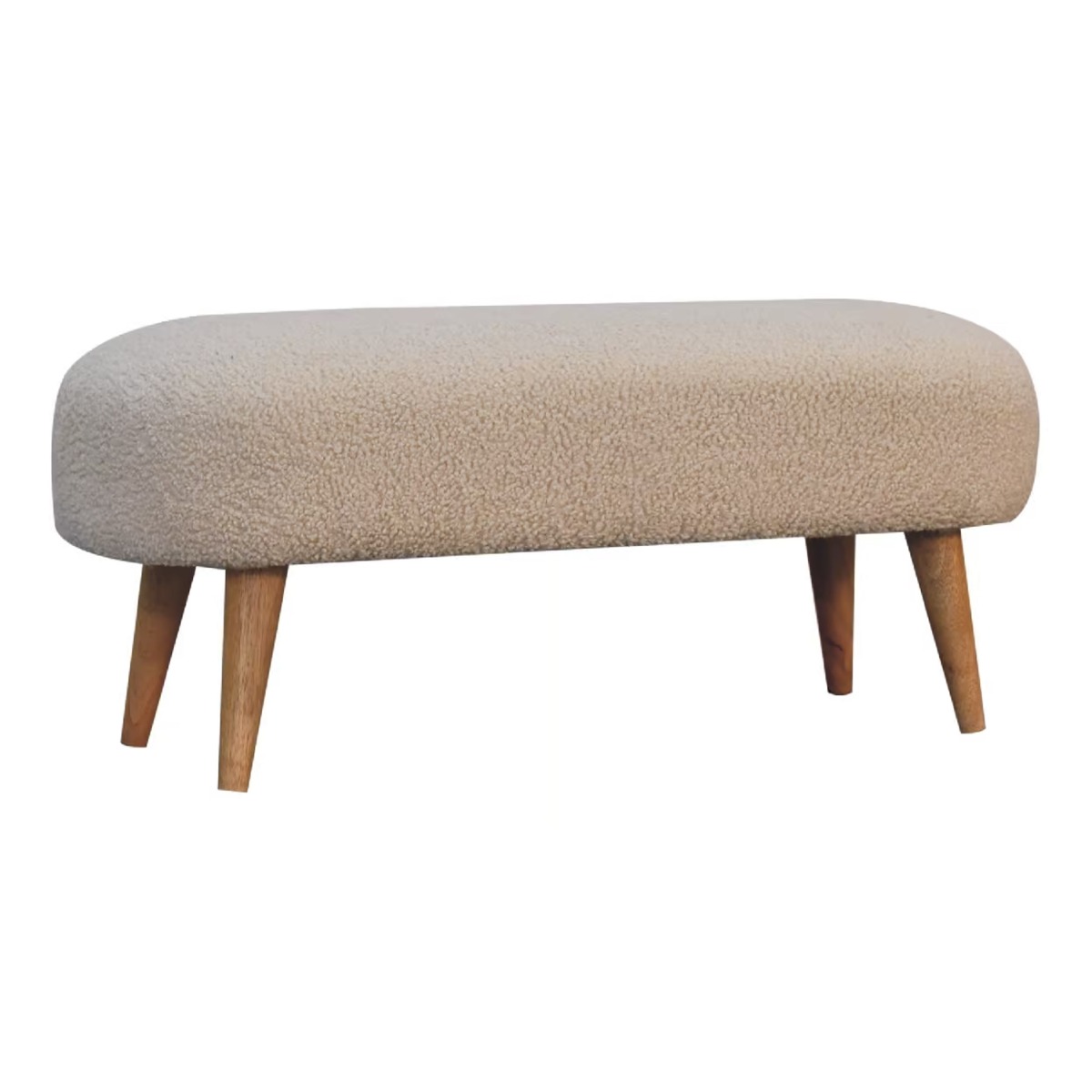 Nordic Style Bench with Curled Cotton Cream Cushion Fabric - Oak Finish - Beasley & Sons