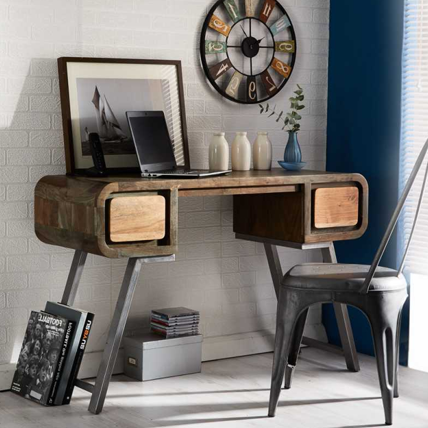 Fiona Metal Legs Unique Retro Style Wooden Computer Desk with 2 Drawers - Elfrida Interiors