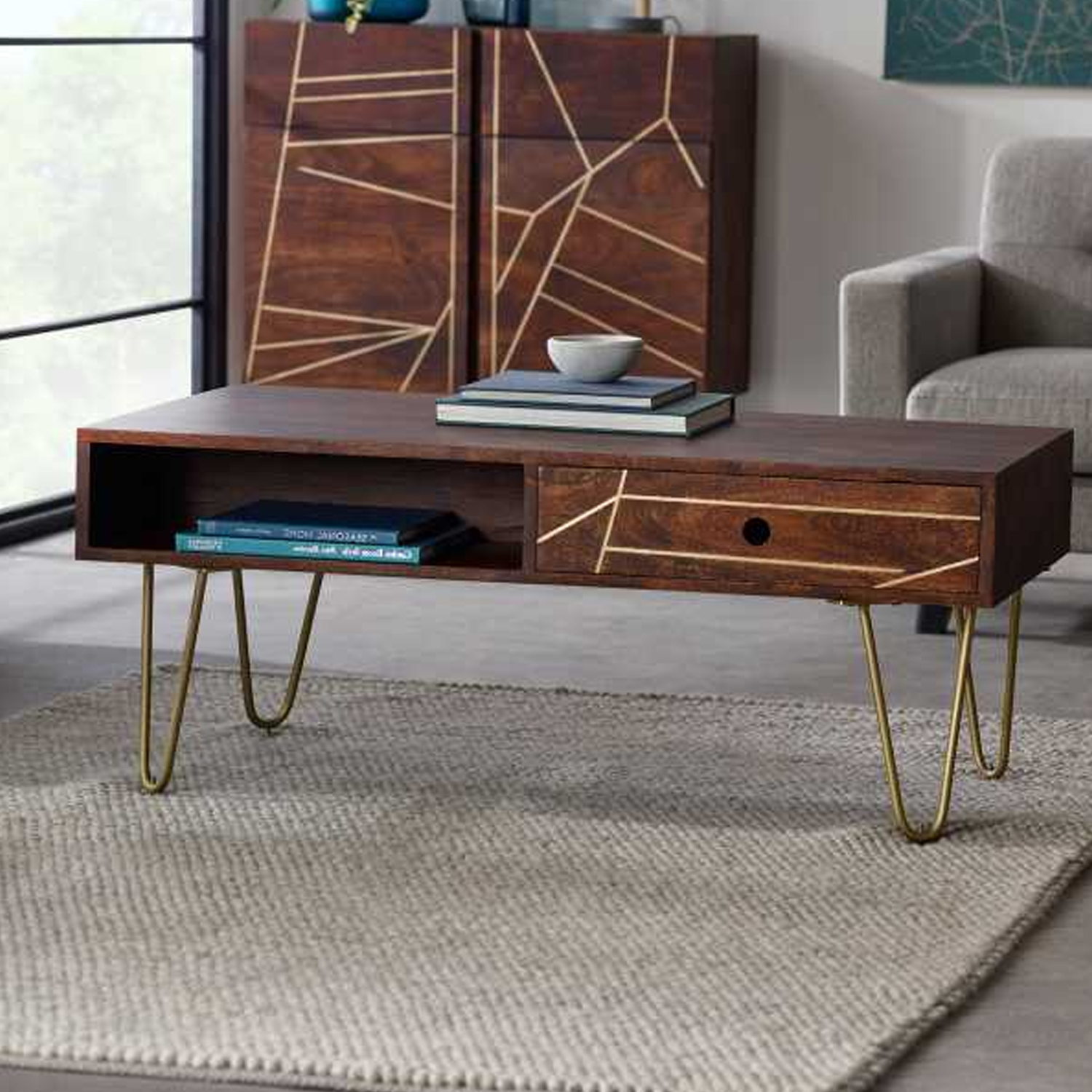 Georgina Abstract Style Gold Frame Rectangular Coffee Table with Drawer - Walnut Finish - Elfrida Interiors
