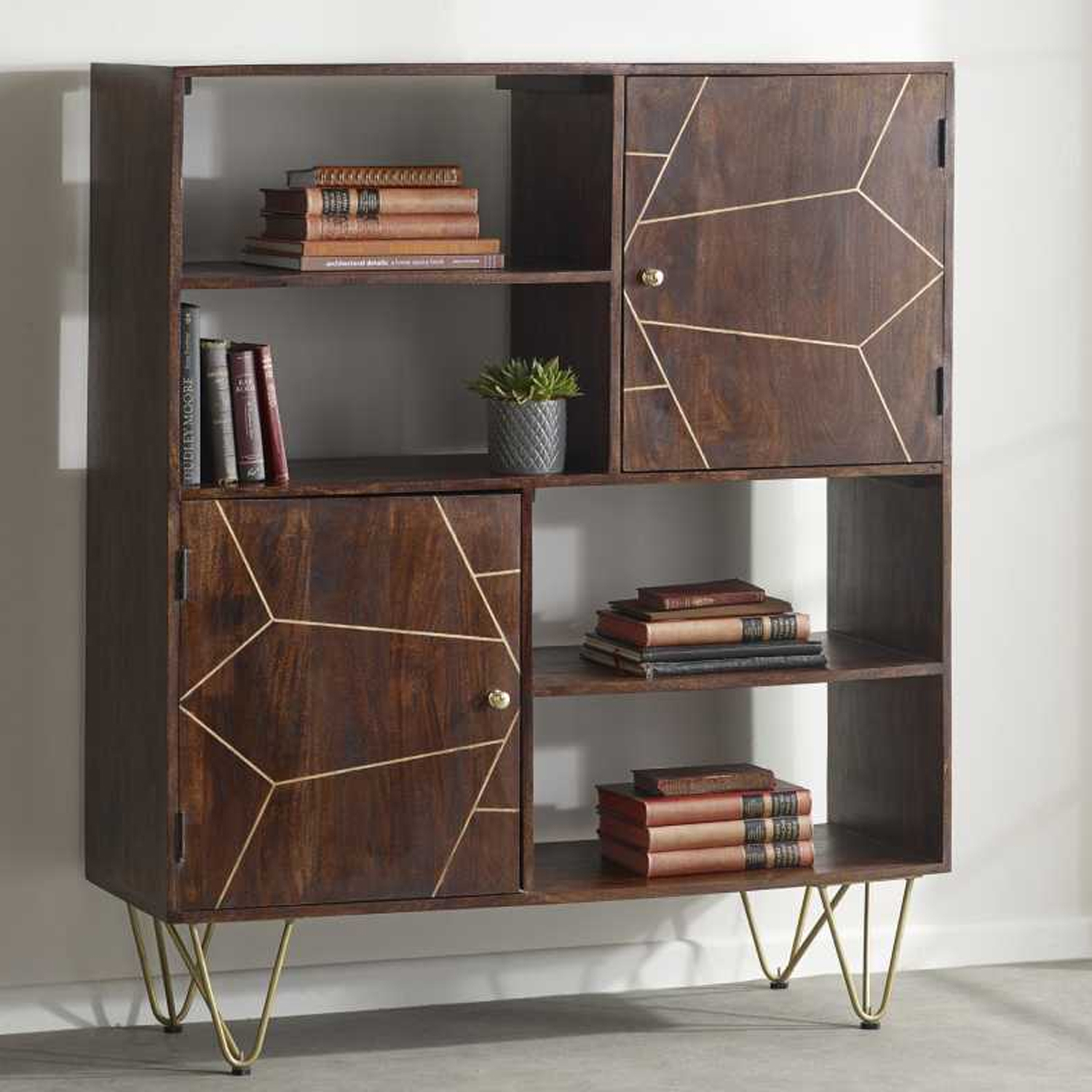 Georgjna Abstract Style Gold Frame Display Cabinet with Doors and Open Shelf - Walnut Finish - Elfrida Interiors