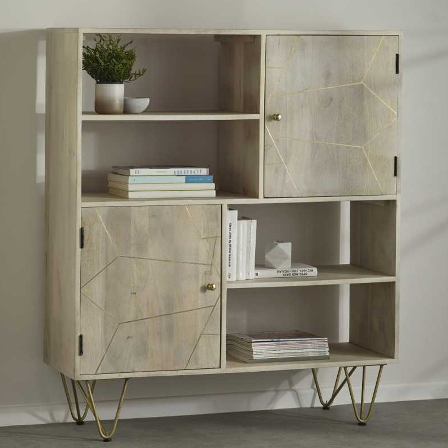 Georgjna Abstract Style Gold Frame Display Cabinet with Doors and Open Shelf - Light Natural Finish - Elfrida Interiors