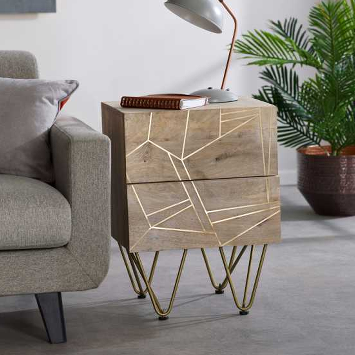 Georgjna Abstract Style Gold Frame Side Table with 2 Drawers - Light Natural Finish - Elfrida Interiors