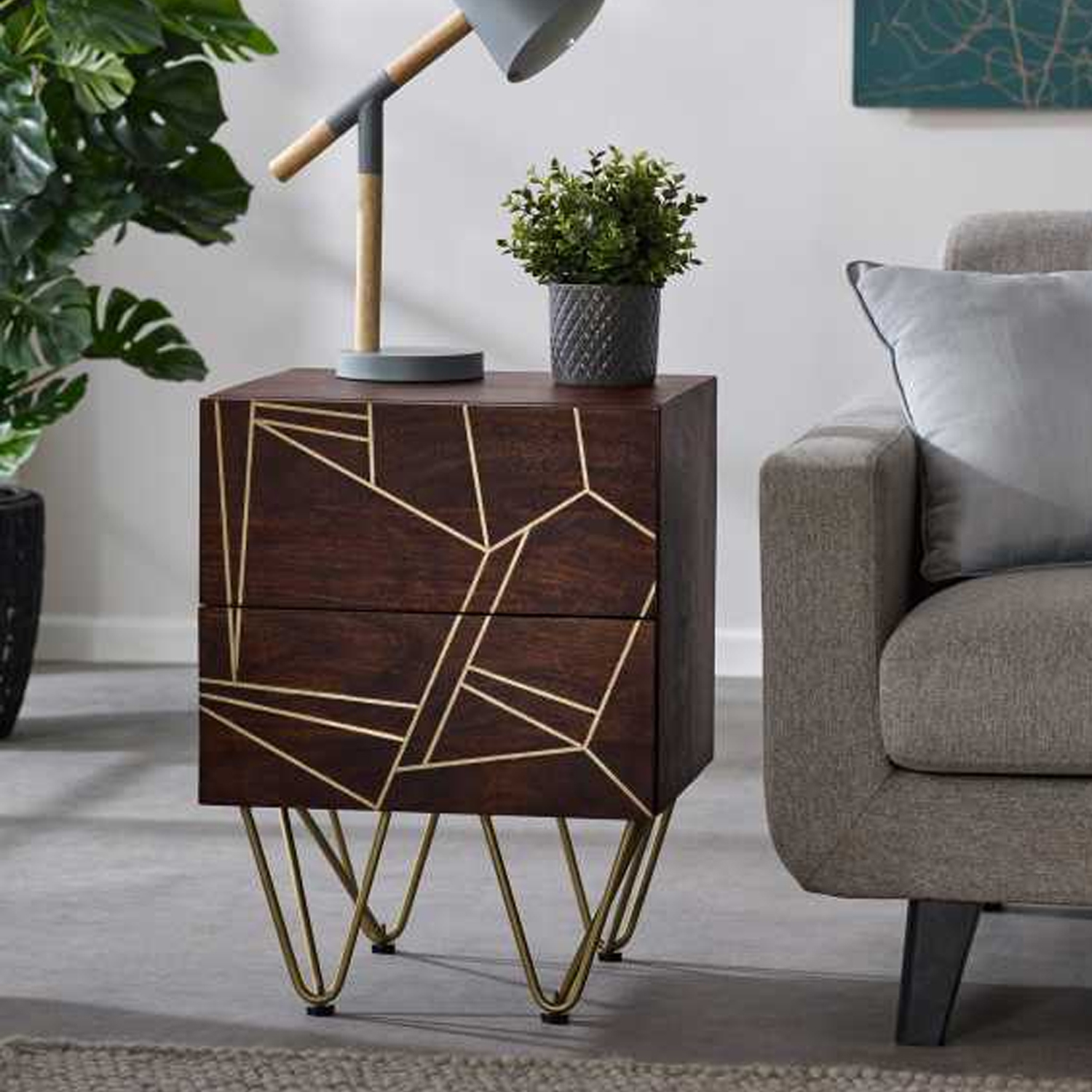 Georgjna Abstract Style Gold Frame Side Table with 2 Drawers - Walnut Finish - Elfrida Interiors