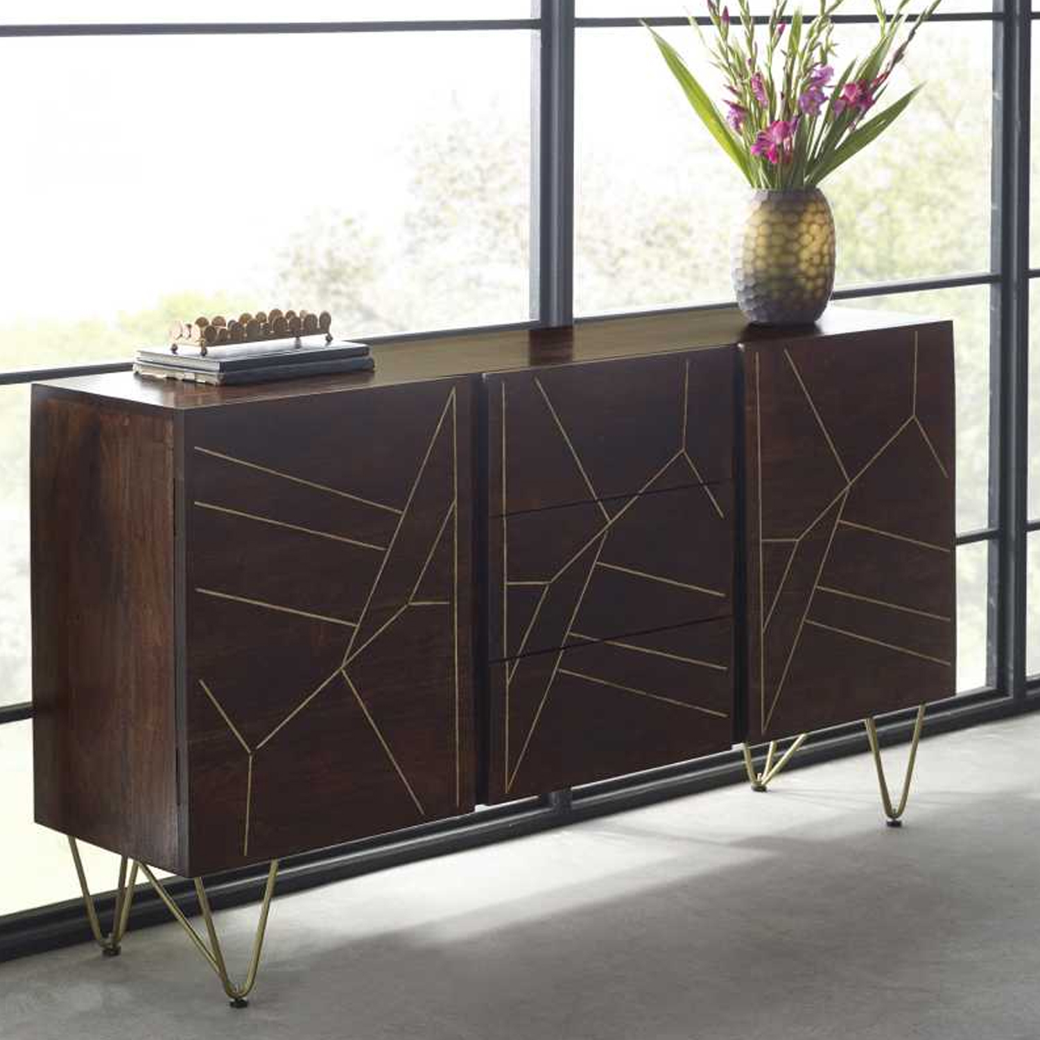 Georgjna Abstract Style Gold Frame Extra Large Sideboard with 3 Drawers And 2 Doors - Dark Walnut Finish - Elfrida Interiors
