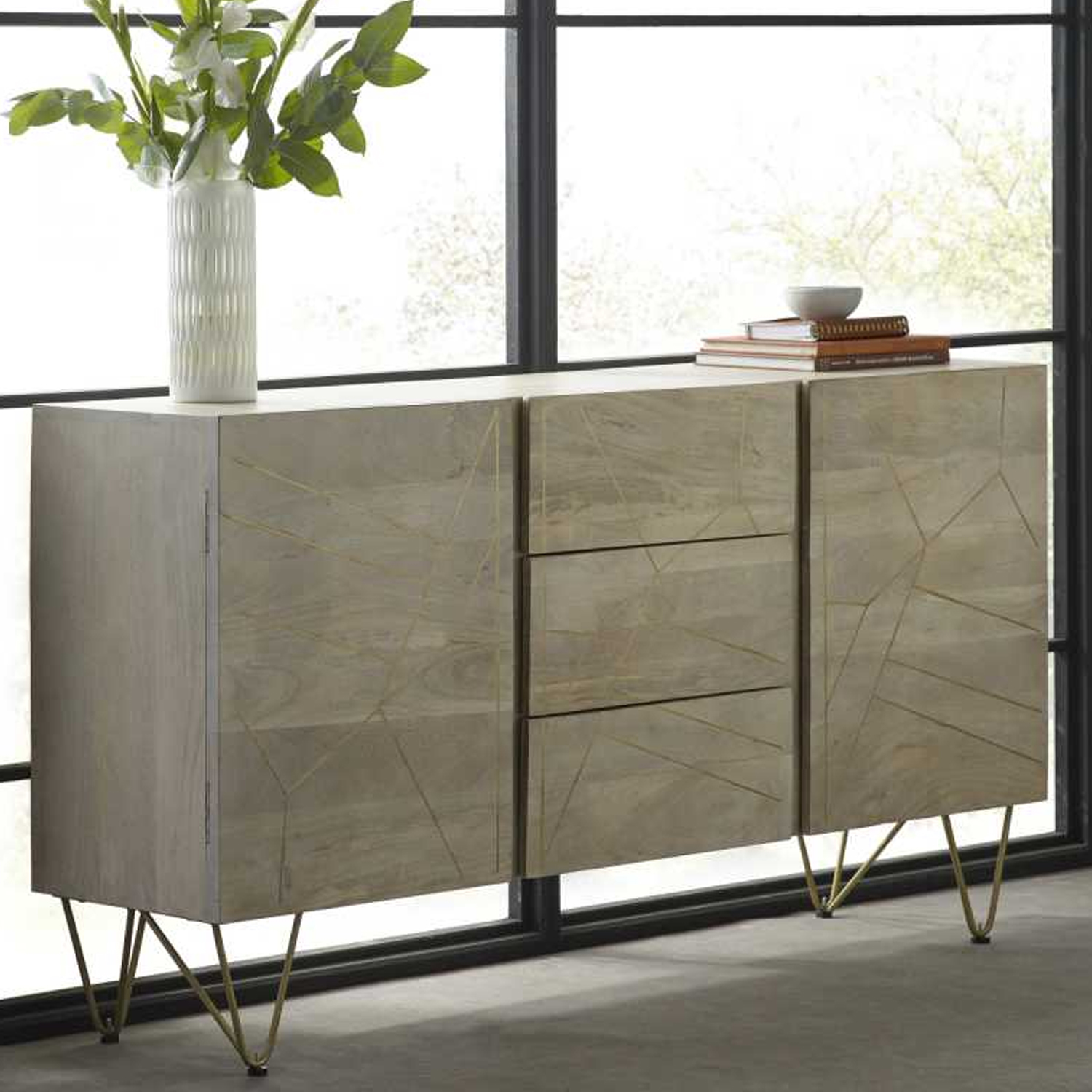 Georgjna Abstract Style Gold Frame Extra Large Sideboard with 3 Drawers And 2 Doors - Light Natural Finish - Elfrida Interiors