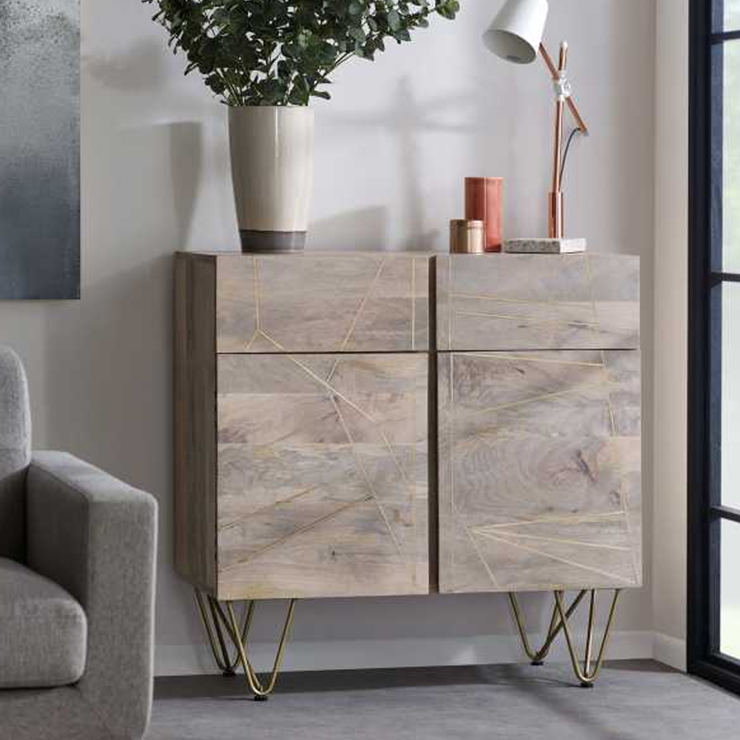 Georgjna Abstract Style Gold Frame Medium Sideboard with 2 Doors - Light Natural Finish - Elfrida Interiors
