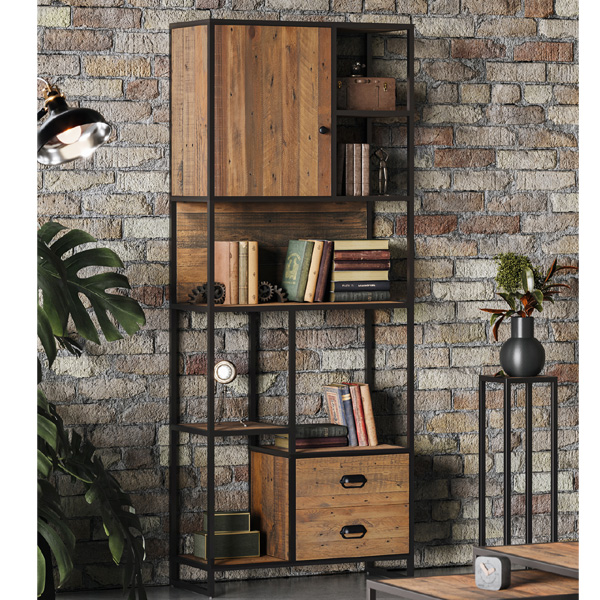 Hayley Metal Frame Reclaimed Wood Large Bookcase with Drawer Shelf and Door - Vantage Point