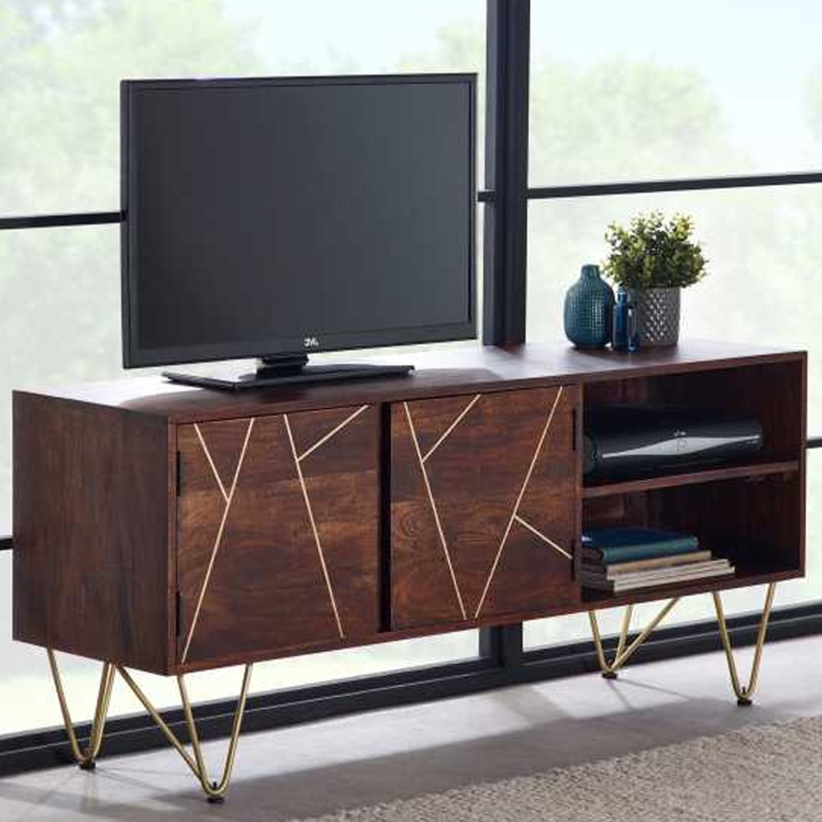 Georgina Abstract Style Gold Frame 2 Door Media TV Unit with 2 Open Shelves - Dark Walnut Finish - Elfrida Interiors