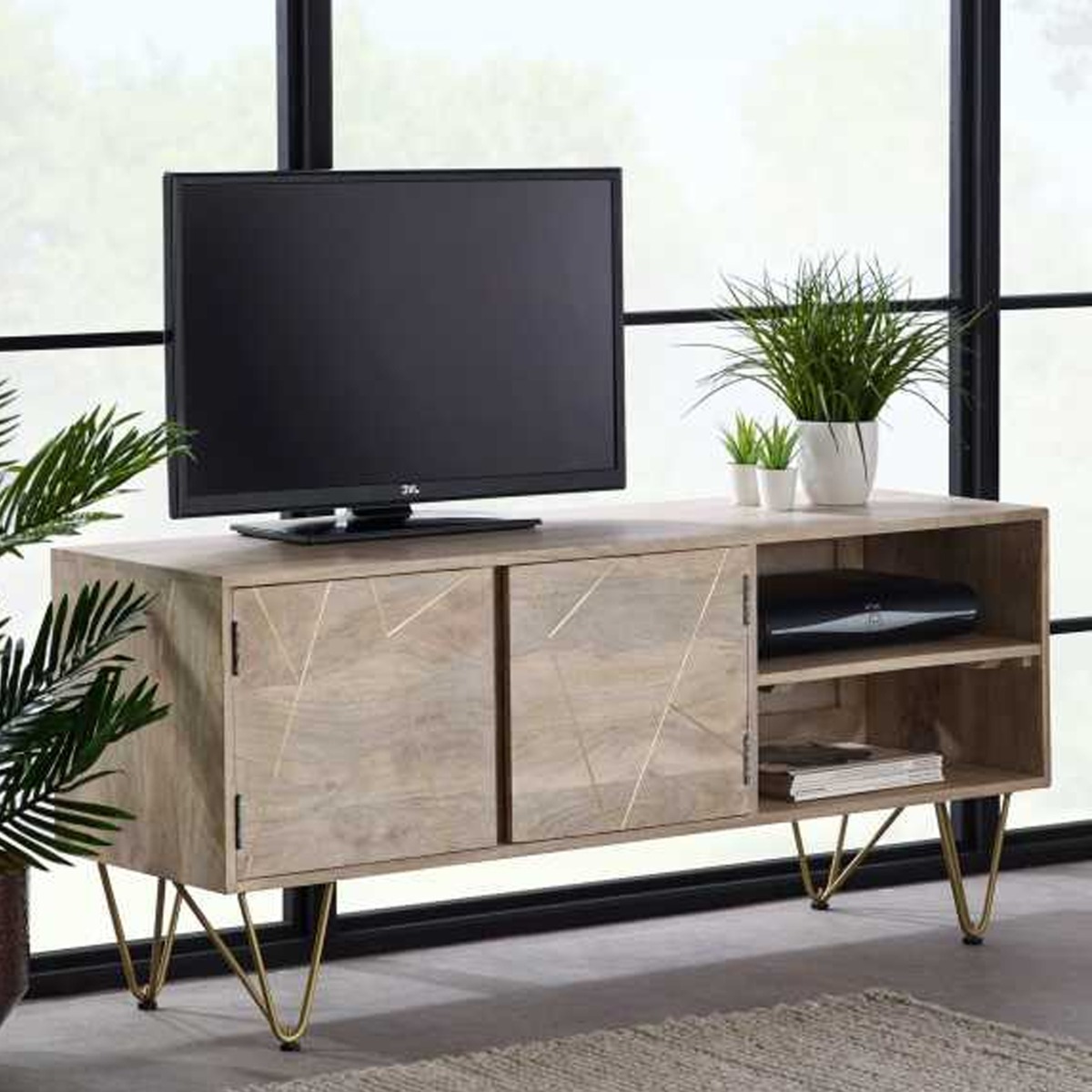 Georgina Abstract Style Gold Frame 2 Door Media TV Unit with 2 Open Shelves - Light Natura Finish - Elfrida Interiors