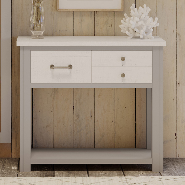 Ronald Grey Range Console Table With 3 Drawer and Open Shelves - Vantage Point