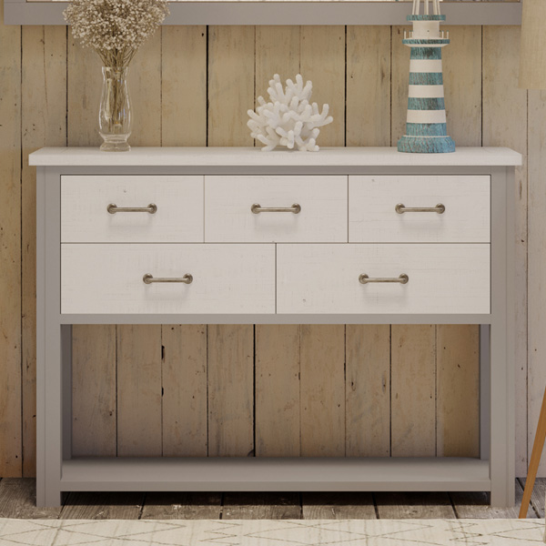 Ronald Grey Range Console Table With 5 Drawer and Open Shelves - Vantage Point