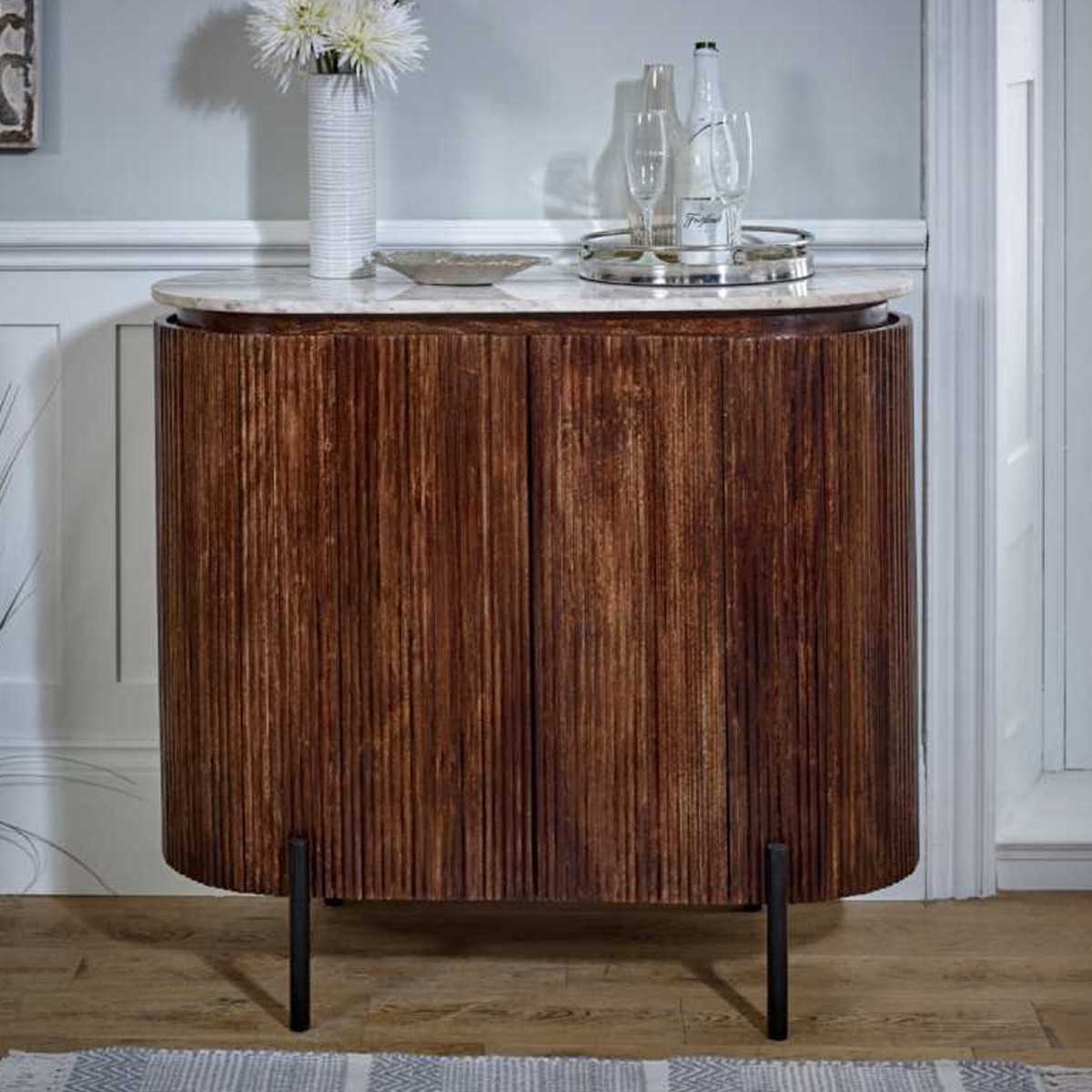 Hendry Metal Legs Mango Wood 4 Doors Sideboard with Drink Cabinet - White Marble Top - Elfrida Interiors