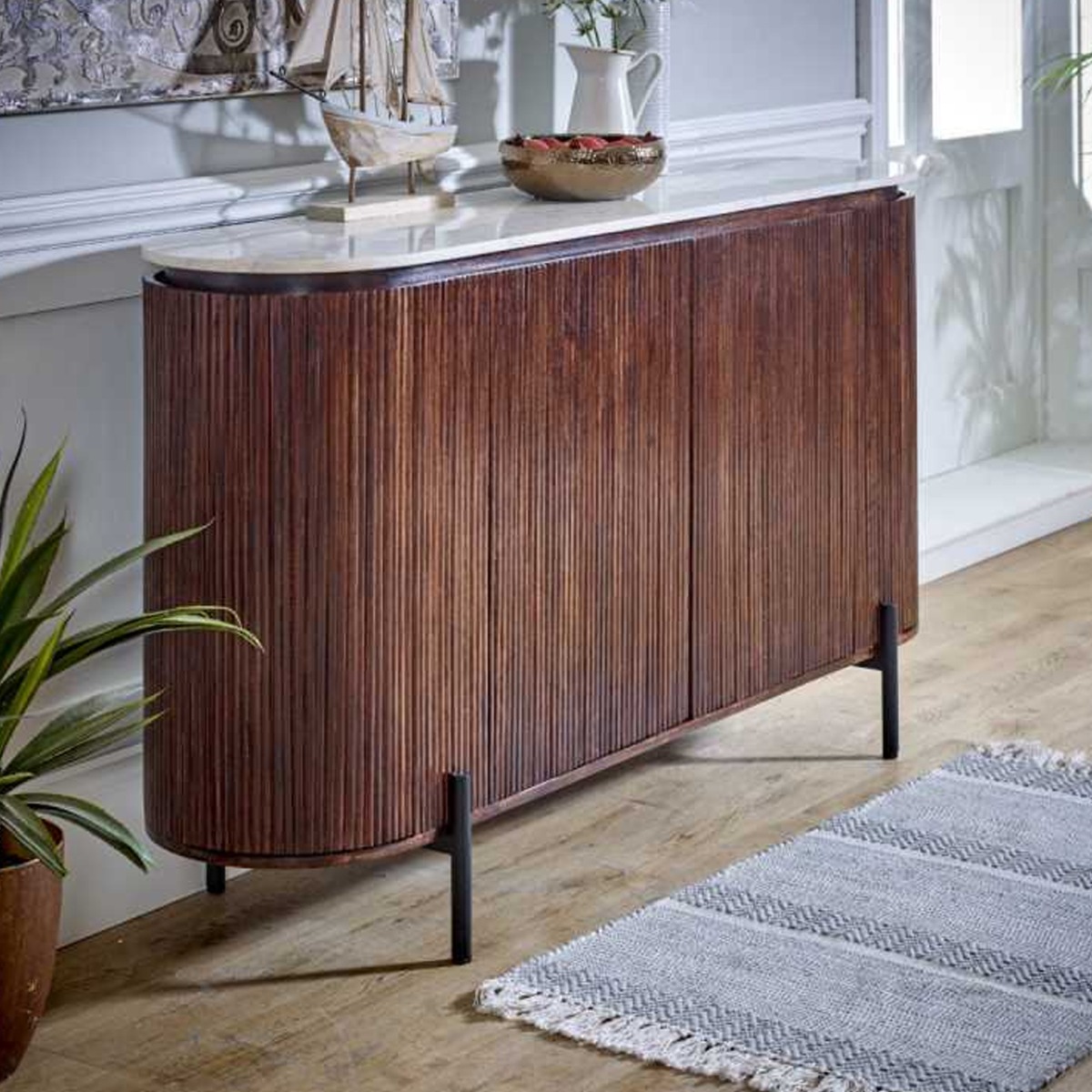 Hendry Metal Legs Mango Wood 4 Doors Sideboard - White Marble - Elfrida Interiors