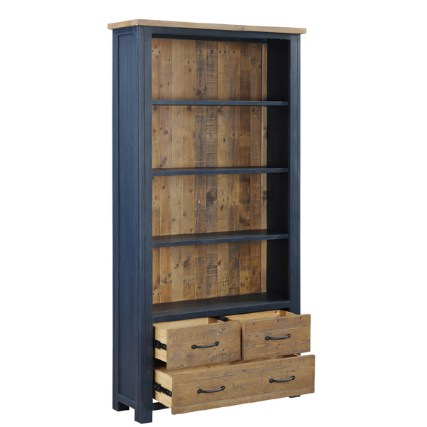 Splatter of Blue Wooden Large Bookcase with 3 Drawers and 4 Shelves - Vantage Point