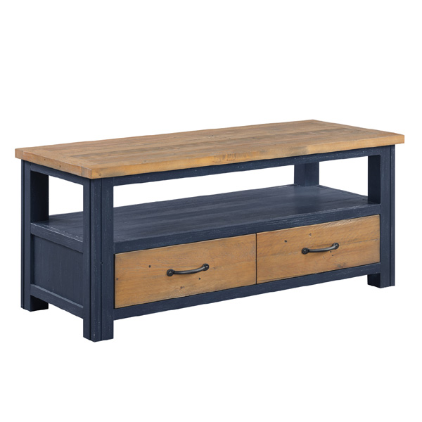 Splatter Reclaimed Wood TV Stand with Two Drawer and Open Shelf - Blue - Vantage Point