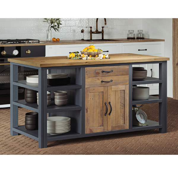 Splatter Reclaimed Wood Blue Kitchen Island with Doors, Drawer and Open Shelf - Vantage Point
