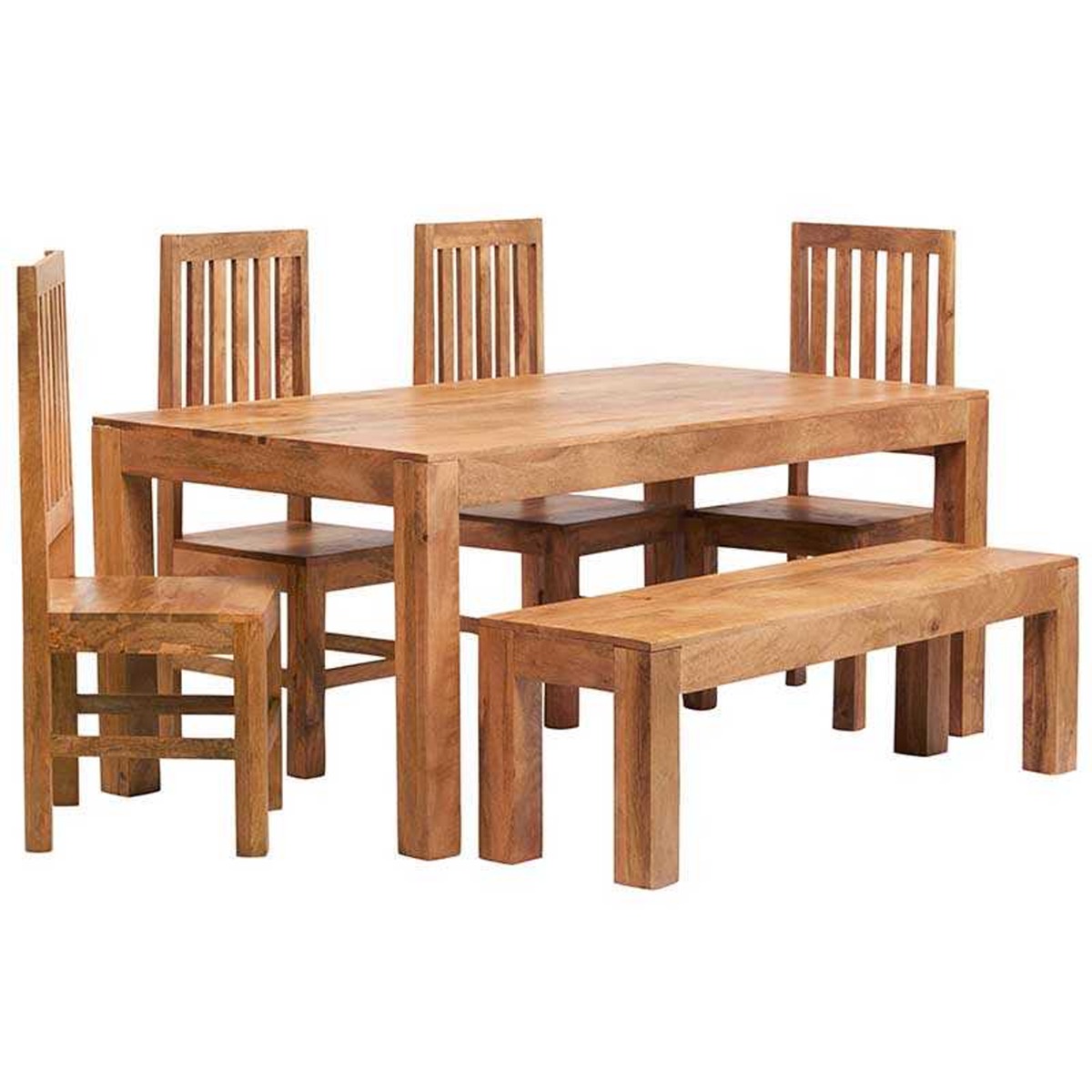 Stella Light Mango Wood 6 FT Dining Set With 4 Wooden Chairs and Bench - Matt Finish - Elfrida Interiors
