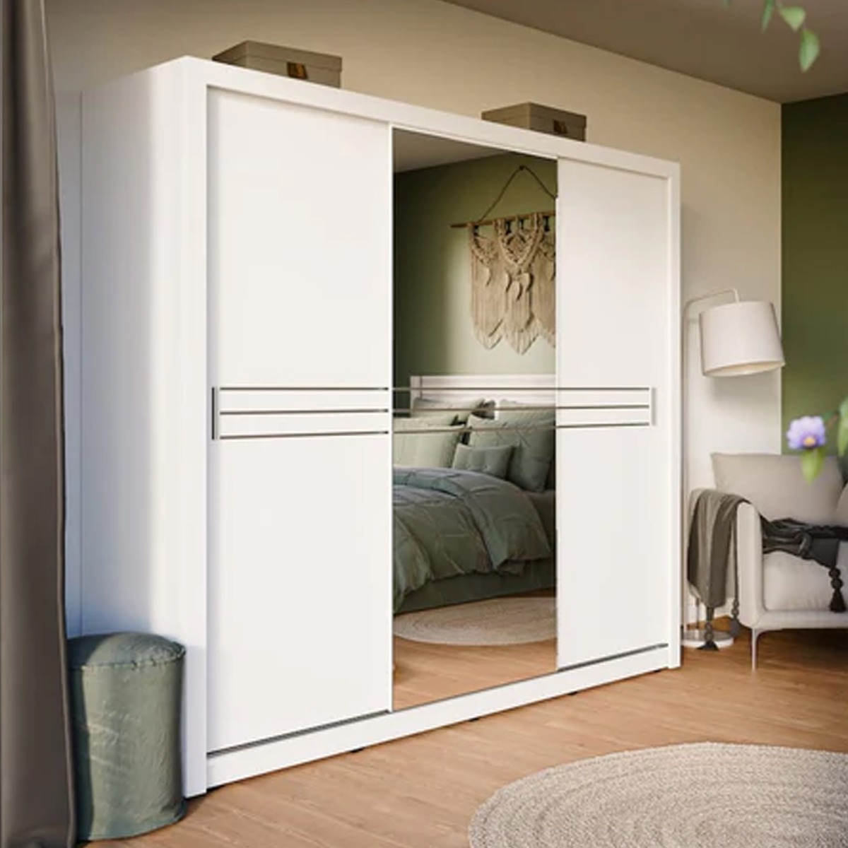 Sliding Wardrobe - COPENHAGEN 3 Door Mirrored Wardrobe White Matt 250cm - Art Nest