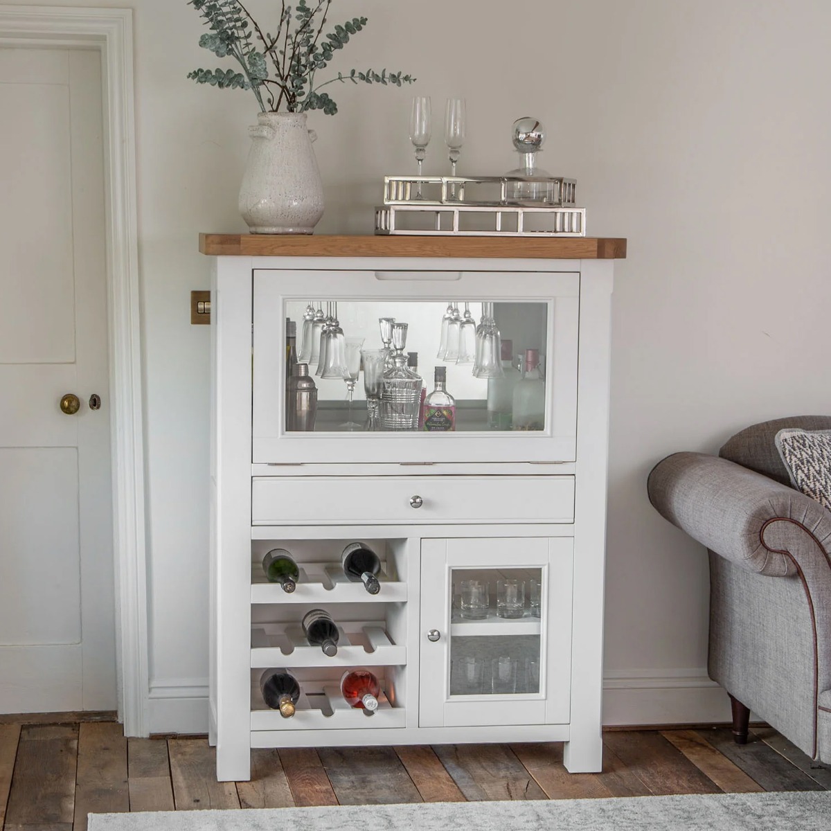 Chunky Oak Drinks Cabinet with Glass Flip-Down Door and Wine Rack - White - Kettle Homes