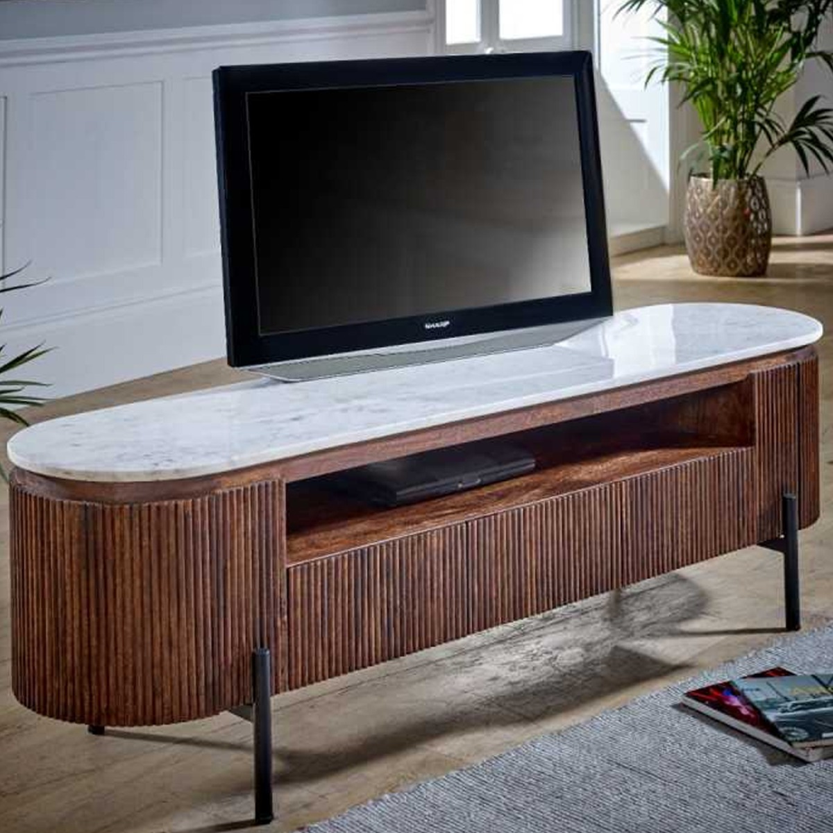 Hendry Metal Legs Fluted Style Mango Wood Large Tv Cabinet With 2 Drawers - White Marble Top - Elfrida Interiors