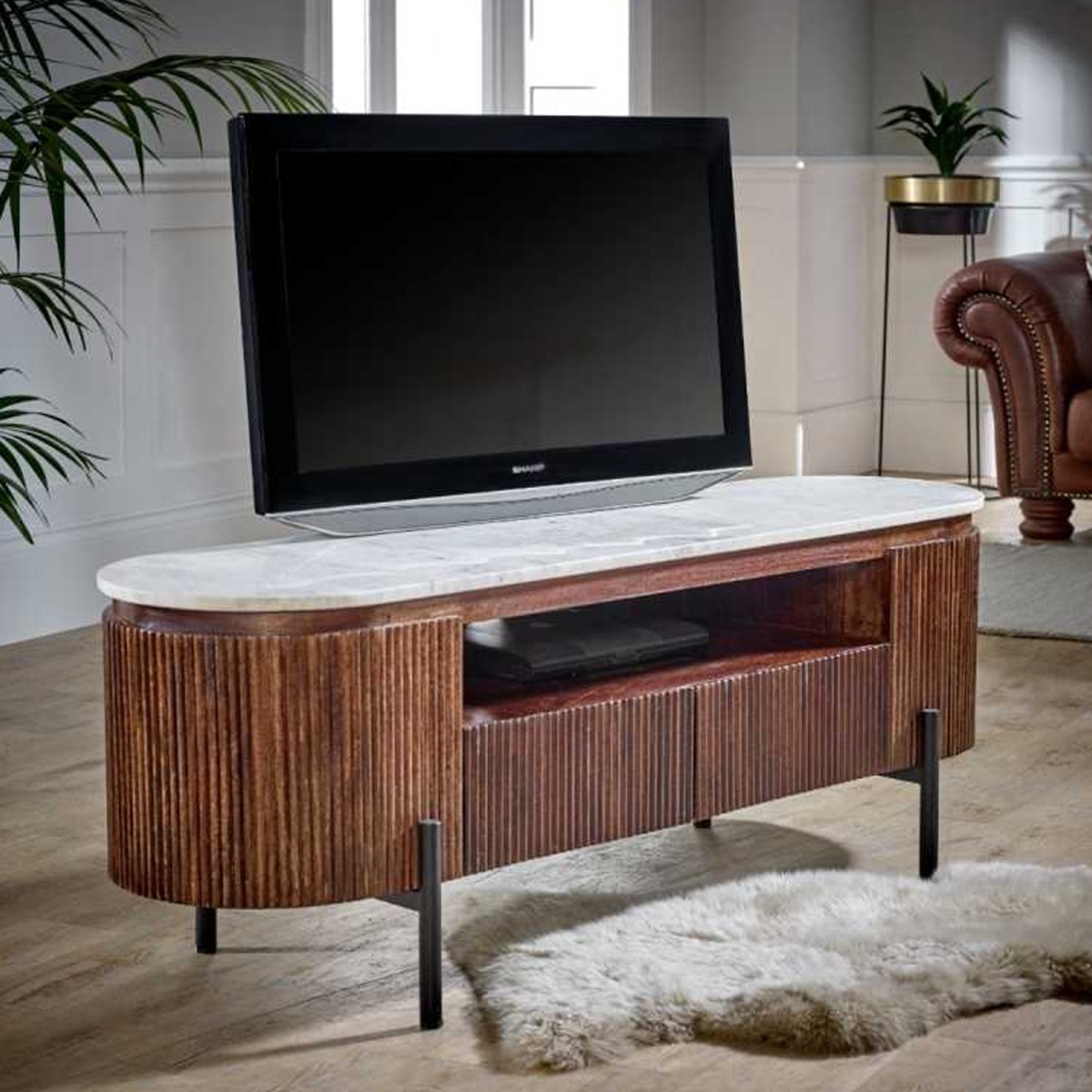Hendry Metal Legs Fluted Style Mango Wood Tv Cabinet With 2 Drawers - White Marble Top - Elfrida Interiors