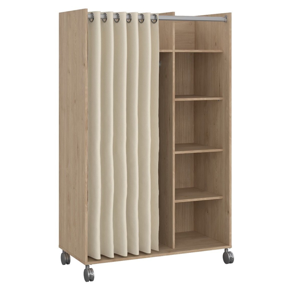 Osken Open Mobile Wardrobe Unit in Oak with Beige Textile Curtain on Wheels - Rosalind Collection