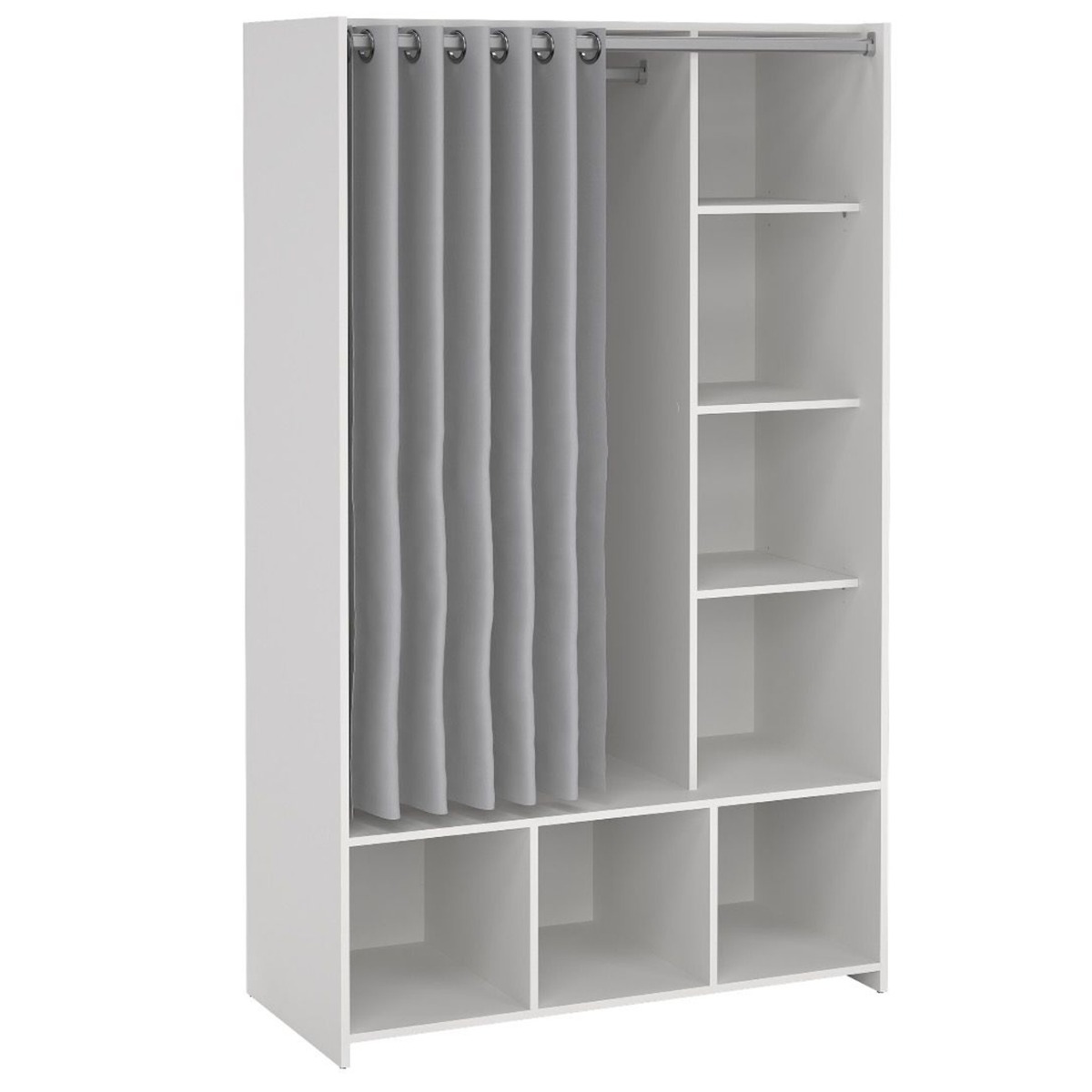 Osken Open Wardrobe Unit White with Grey Textile Curtain - Rosalind Collection