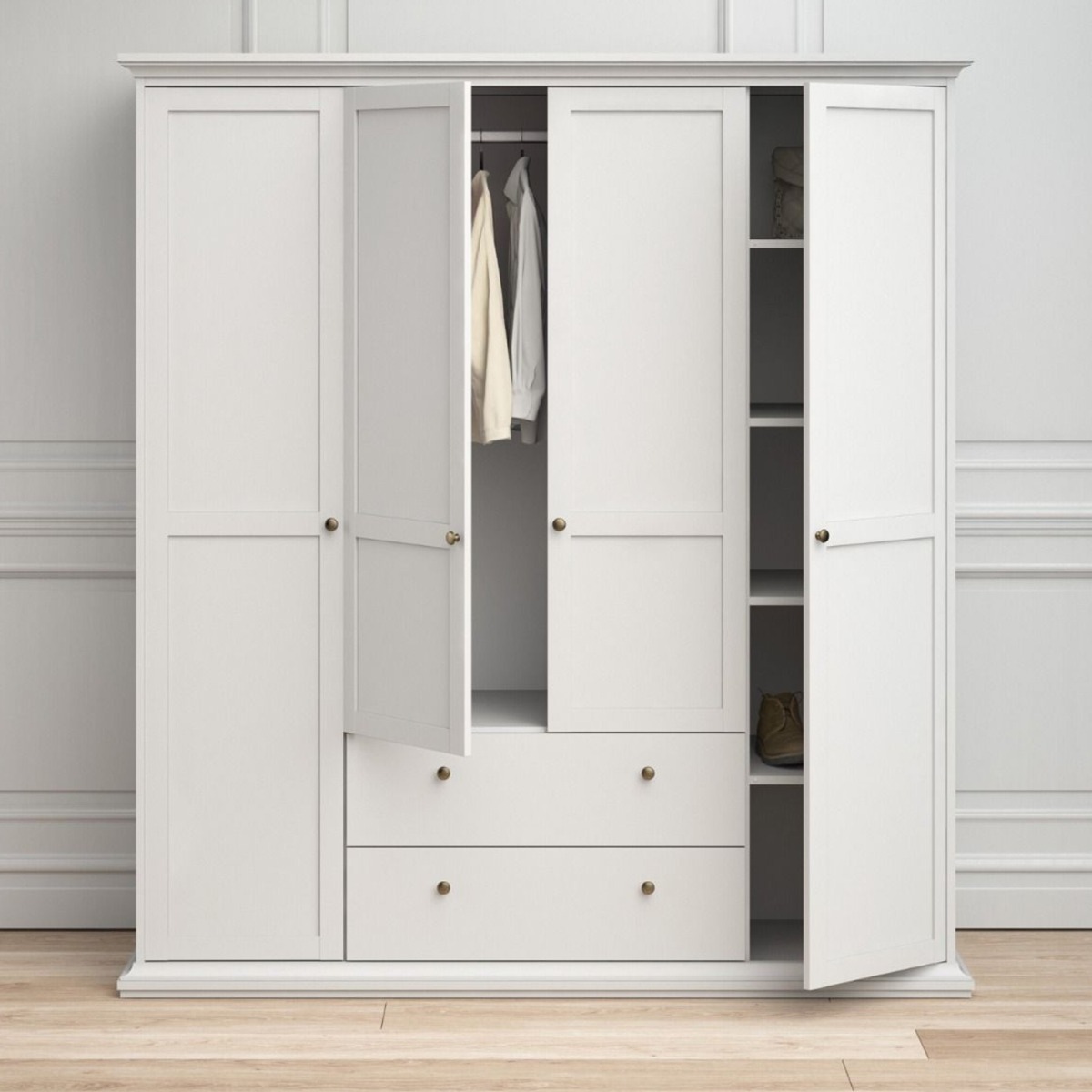 Wardrobe - PORTHOPE 4 Door 2 Drawer Wardrobe White 181.4cm - Rosalind Collection
