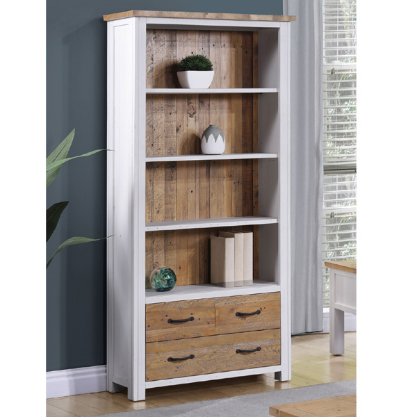 Splatter Reclaimed Wood Large Open Bookcase with 3 Drawers and 4 Shelves - White - Vantage Point