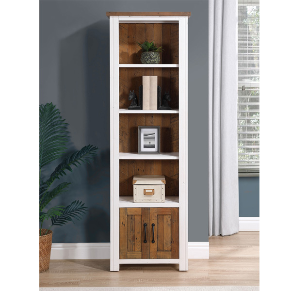 Splatter Reclaimed Wood Narrow Open Bookcase with 2 Door and 4 Shelves - White - Vantage Point