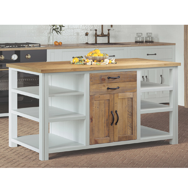 Splatter Reclaimed Wood Kitchen Island with Doors, Drawer and Open Shelf - White - Vantage Point