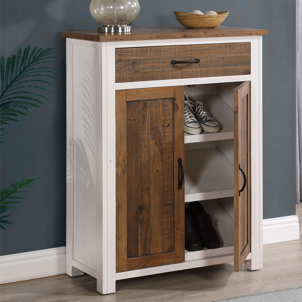 Splatter Reclaimed Wood Shoe Cabinet with Door and Drawer - White - Vantage Point