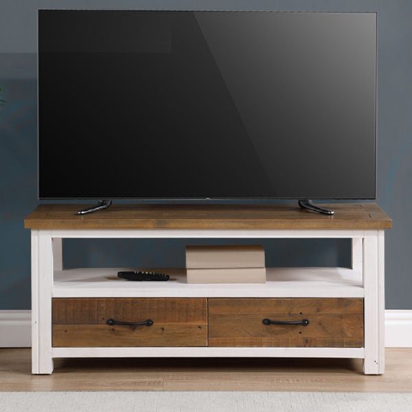Splatter Reclaimed Wood 2 Drawer Tv Unit and Open Shelf - White - Vantage Point