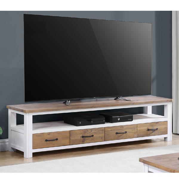 Splatter Reclaimed Wood 4 Drawer Large Tv Unit and Open Shelf - White - Vantage Point