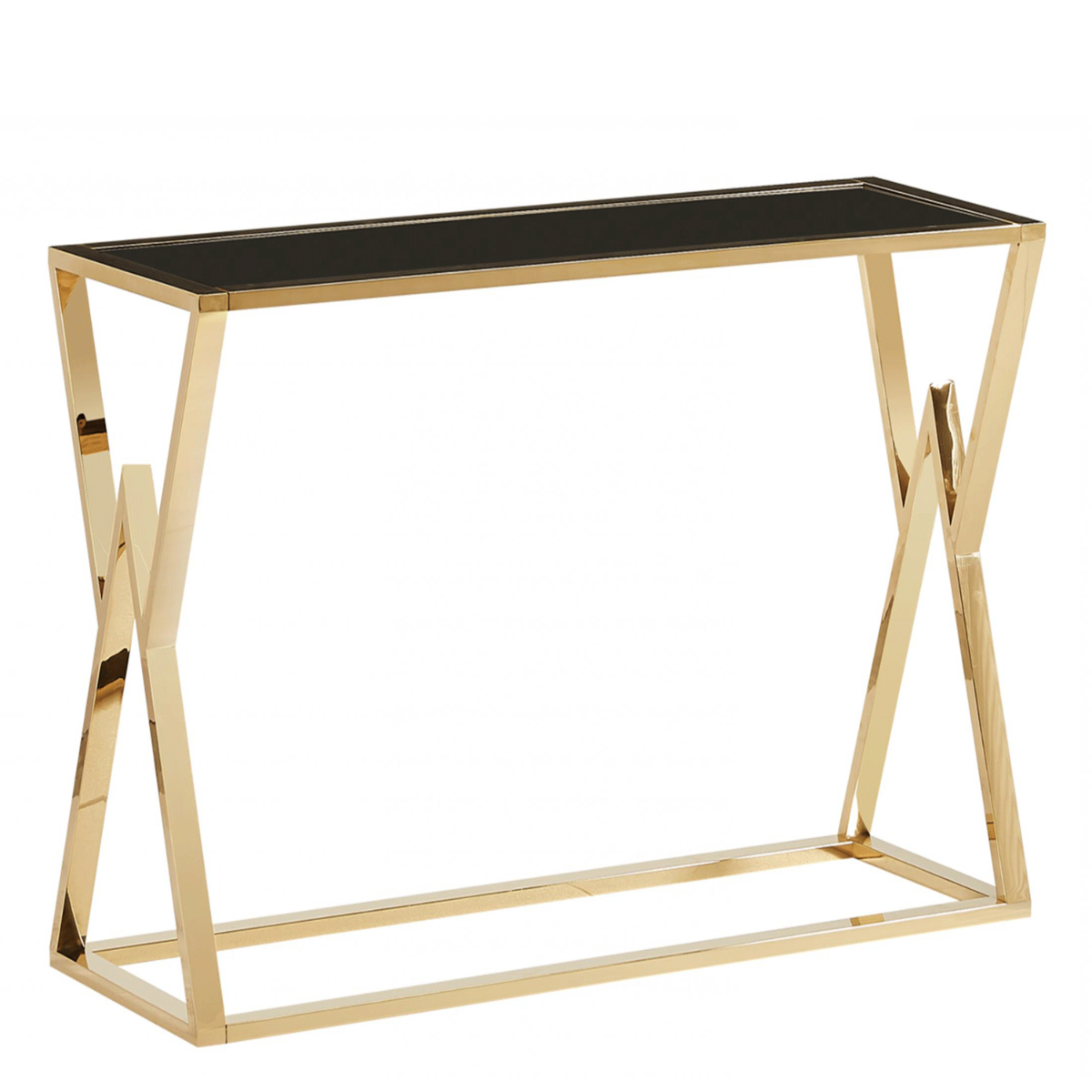 Barstow Rectangular Console Table Classic Gold Elegance with Black Glass Top - Sigrid Mills