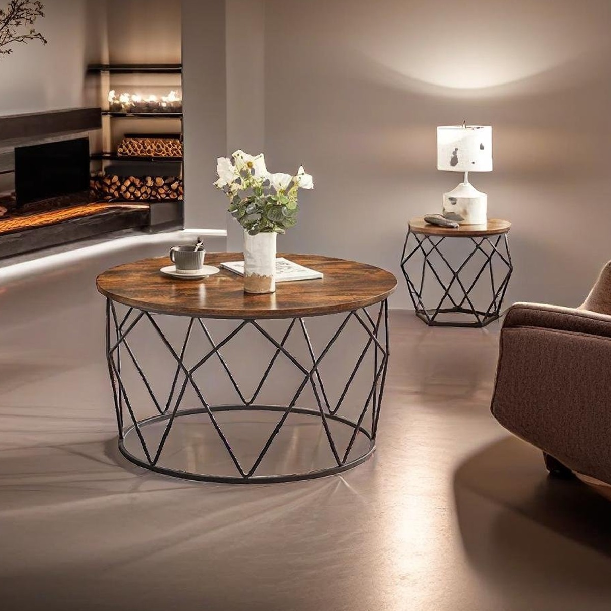JOVENTRA Coffee Table Round Table with Steel Frame - Rustic Brown - The Urban Forge