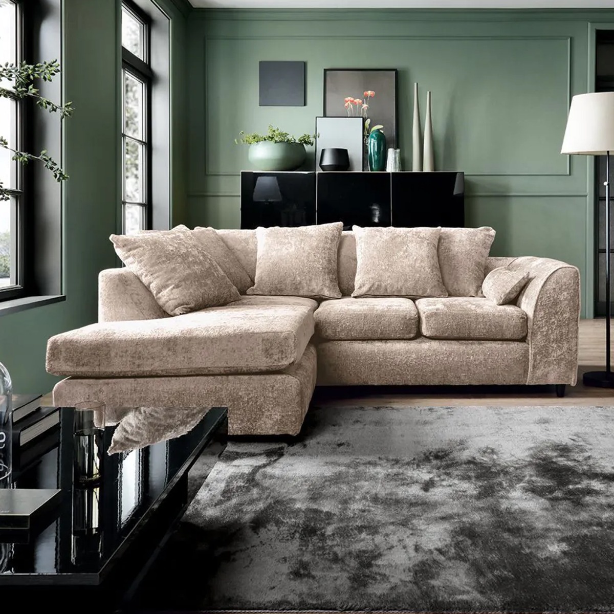 Corner Sofa - HENRY Crushed Chenille Fabric 4 Seater L-Shaped Sofa Left Hand Facing - Cream - Sofa Central