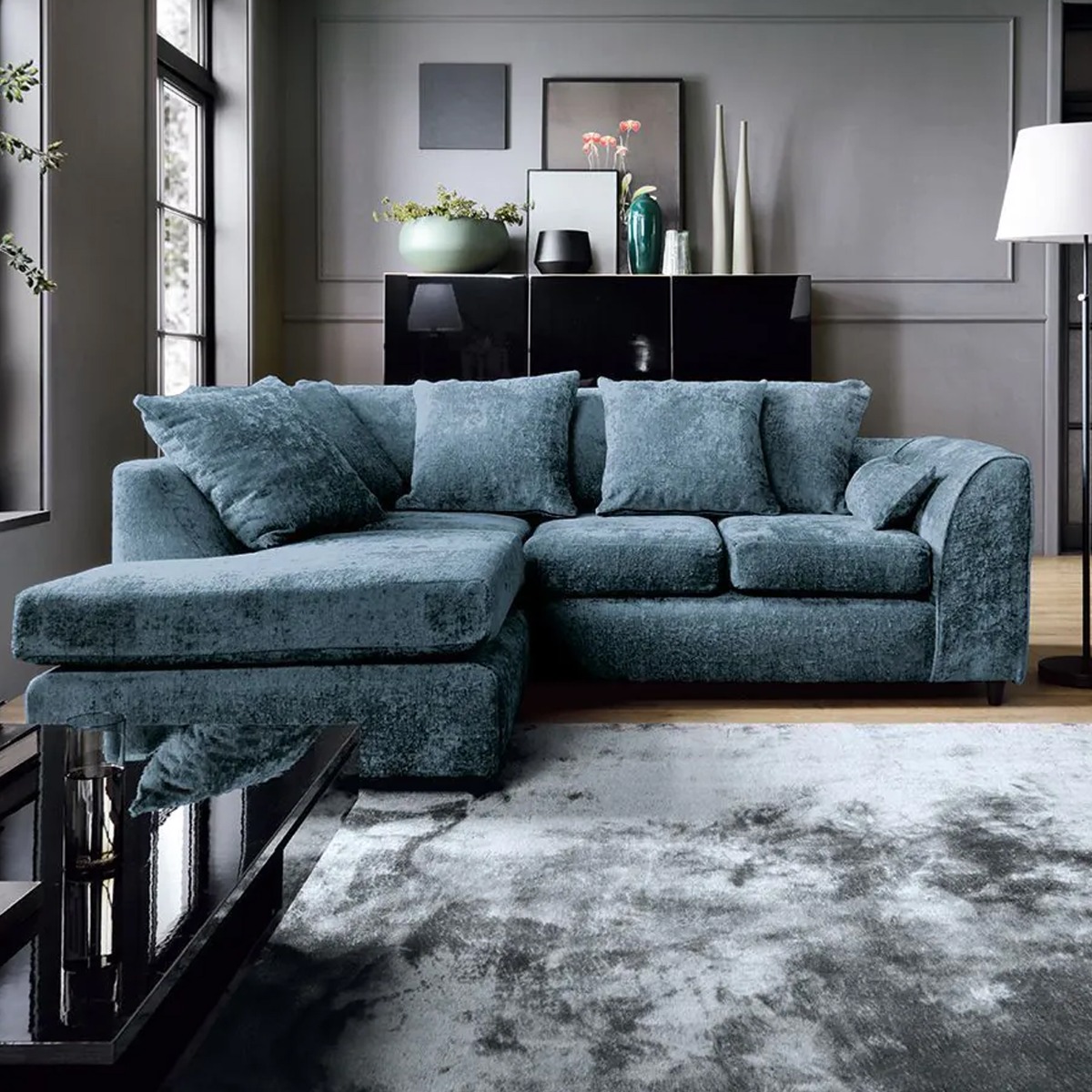 Corner Sofa - HENRY Crushed Chenille Fabric 4 Seater L-Shaped Sofa Left Hand Facing - Dark Blue - Sofa Central
