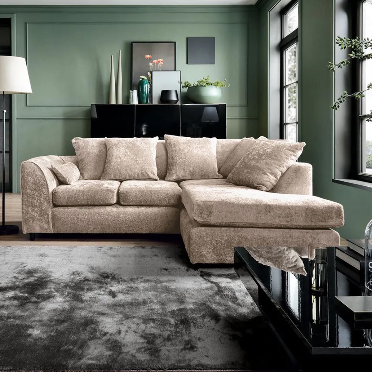 Corner Sofa - HENRY Crushed Chenille Fabric 4 Seater L-Shaped Sofa Right Hand Facing - Cream - Sofa Central