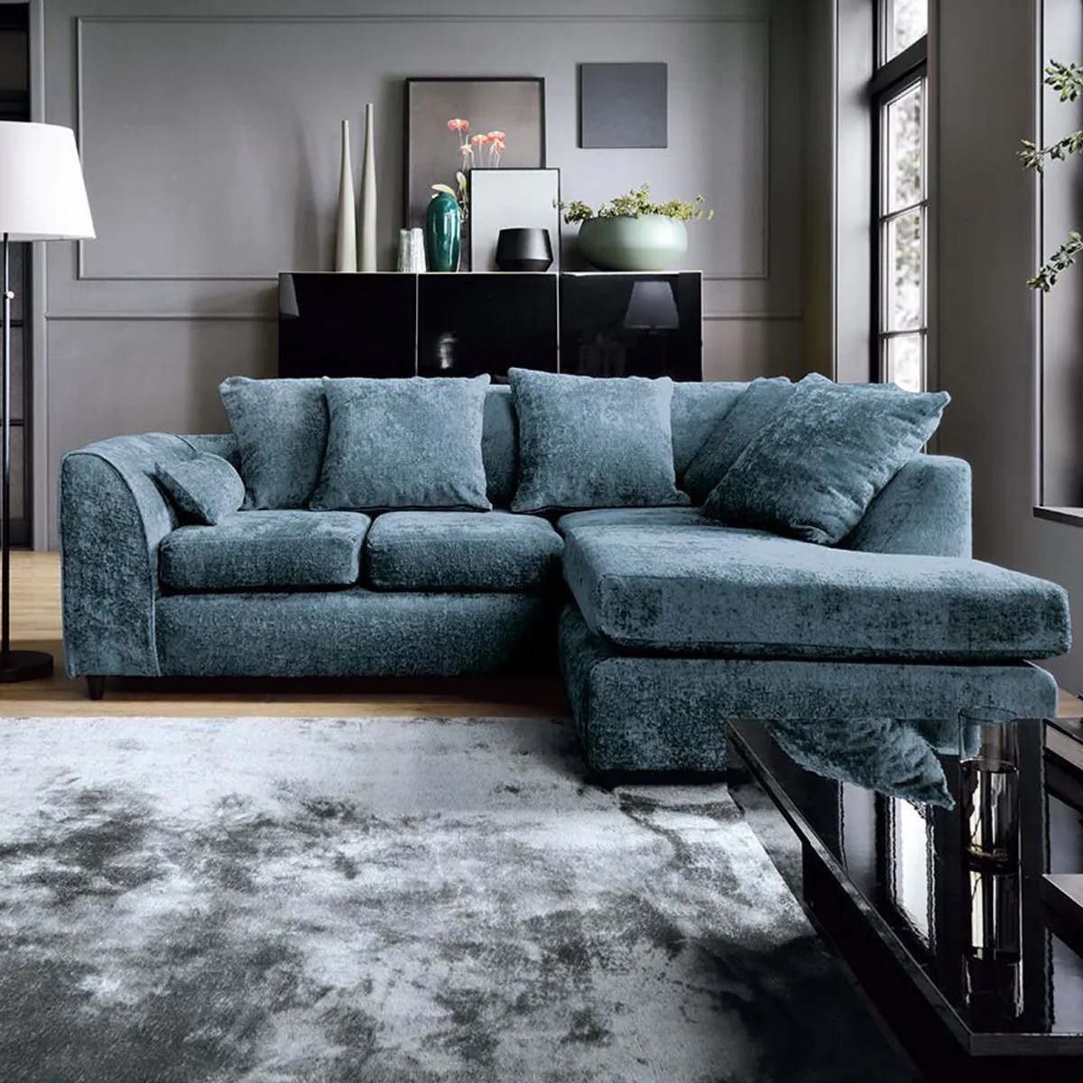 Corner Sofa - HENRY Crushed Chenille Fabric 4 Seater L-Shaped Sofa Right Hand Facing - Dark Blue - Sofa Central