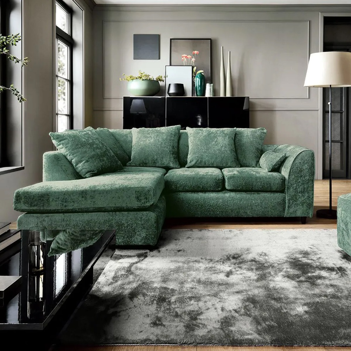 Corner Sofa - HENRY Crushed Chenille Fabric 4 Seater L-Shaped Sofa Left Hand Facing - Rifle Green - Sofa Central