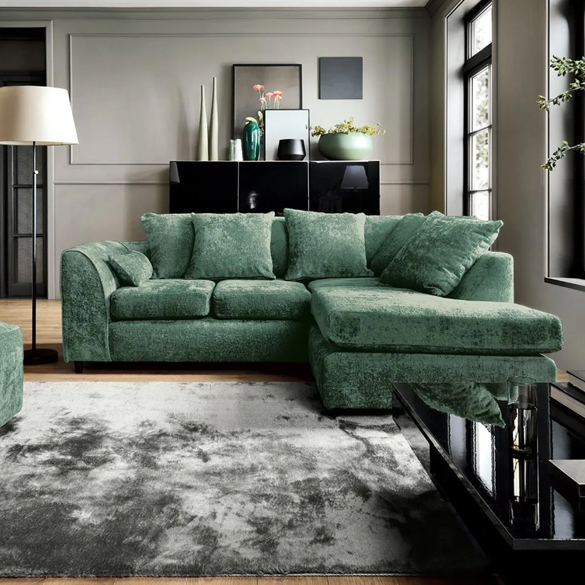 Corner Sofa - HENRY Crushed Chenille Fabric 4 Seater L-Shaped Sofa Right Hand Facing - Rifle Green - Sofa Central