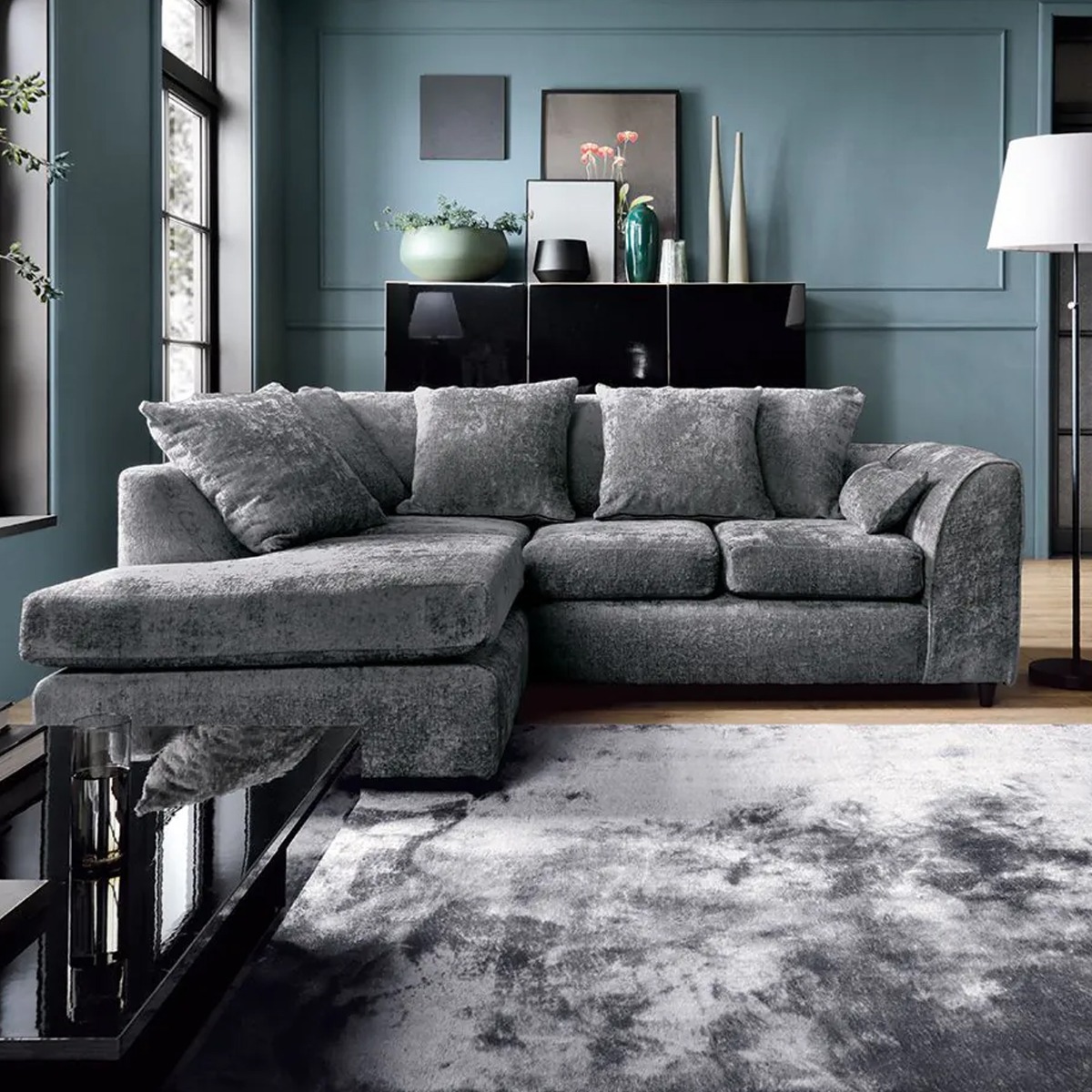Corner Sofa - HENRY Crushed Chenille Fabric 4 Seater L-Shaped Sofa Left Hand Facing - Dark Grey - Sofa Central