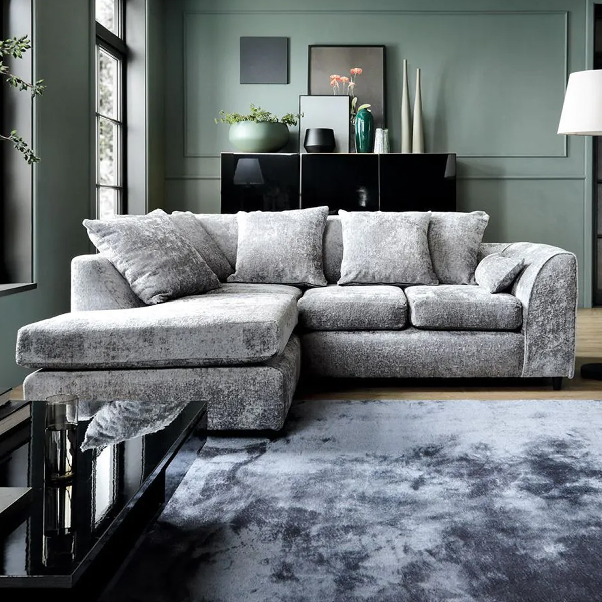 Corner Sofa - HENRY Crushed Chenille Fabric 4 Seater L-Shaped Sofa Left Hand Facing - Light Grey - Sofa Central