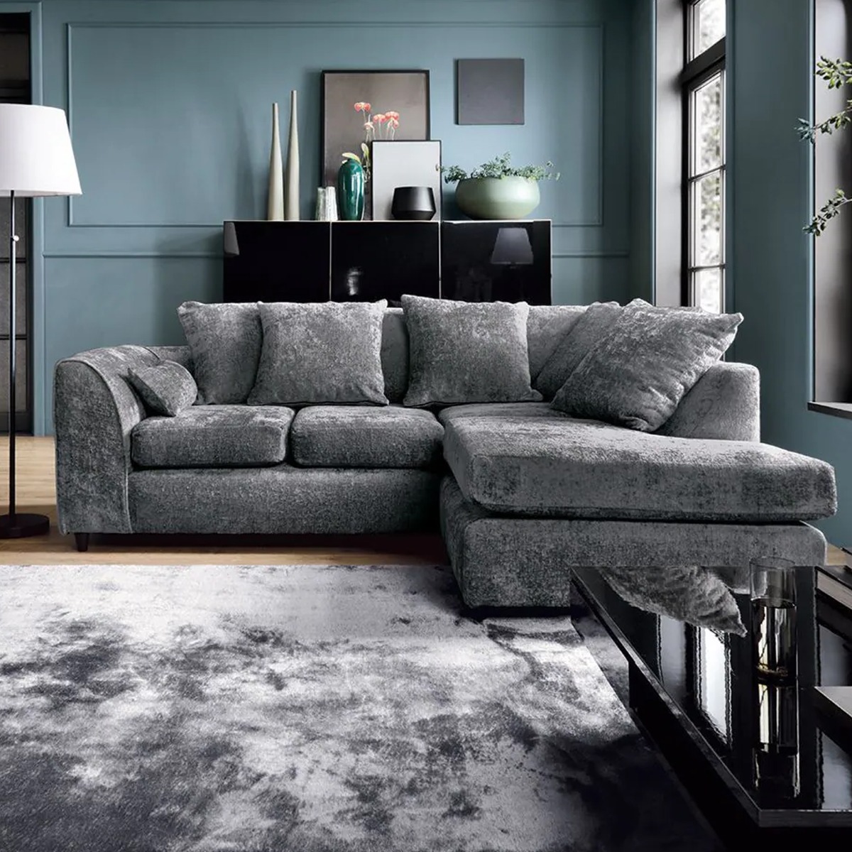 Corner Sofa - HENRY Crushed Chenille Fabric 4 Seater L-Shaped Sofa Right Hand Facing - Dark Grey - Sofa Central